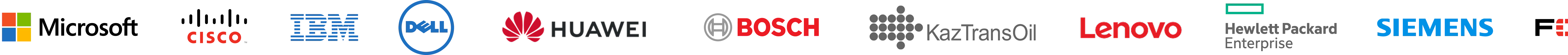 Технологиялық серіктестеріміздің логотиптері: Microsoft, Cisco, IBM, Dell, Huawei, Bosch, KazTransOil, Lenovo, Hewlett Packard Enterprise, Siemens, Fortinet